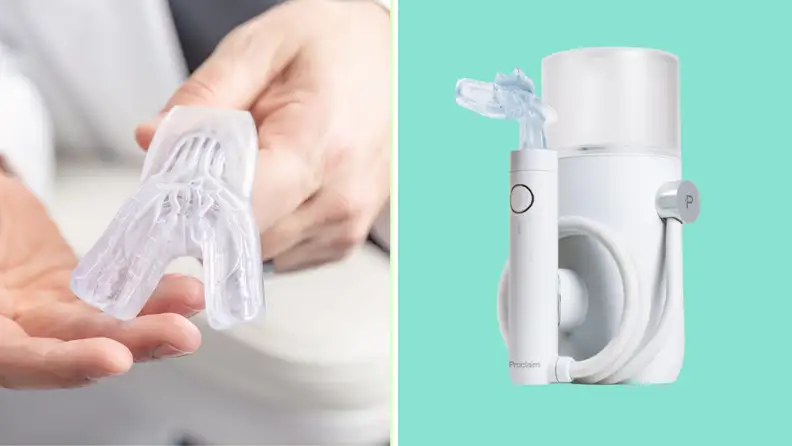 Side-by-side image of a pair of hands holding the clear mouthpiece of the Proclaim Health Custom-Jet Oral Health System, and an image of the whole product on a teal background.