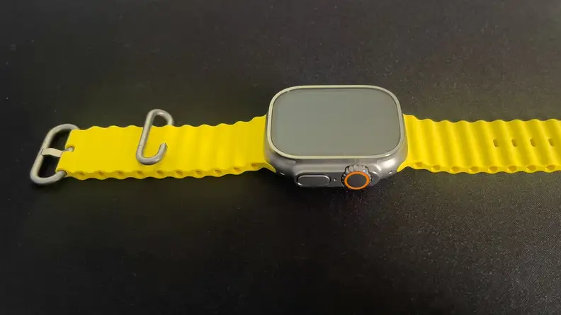 The Apple Watch Ultra equipped with a Yellow Ocean Band