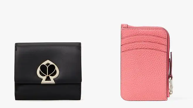 A black wallet next to a pink wallet
