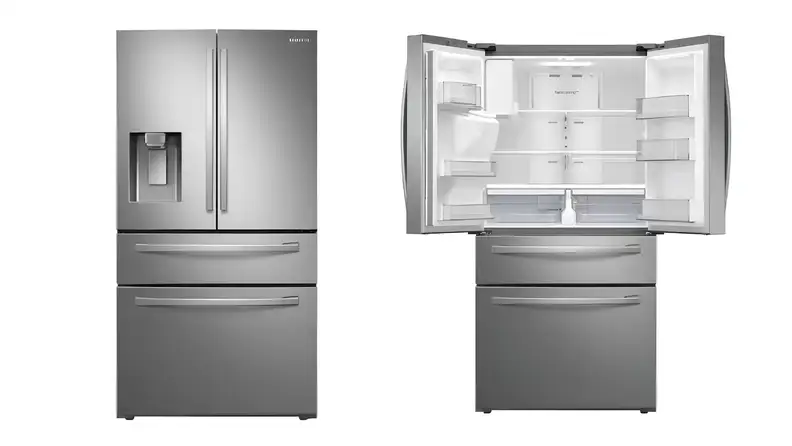 Samsung stainless steel 4-door French-door refrigerator, closed and with doors open.