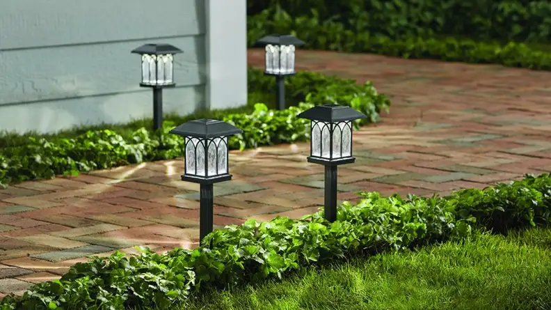 Lights stuck into the ground along a path