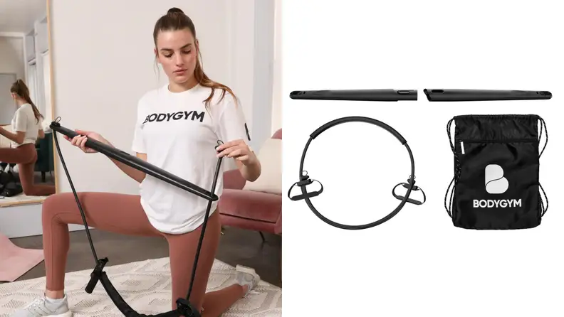A woman setting up her Bodygym and an image of the Bodygym equipment.
