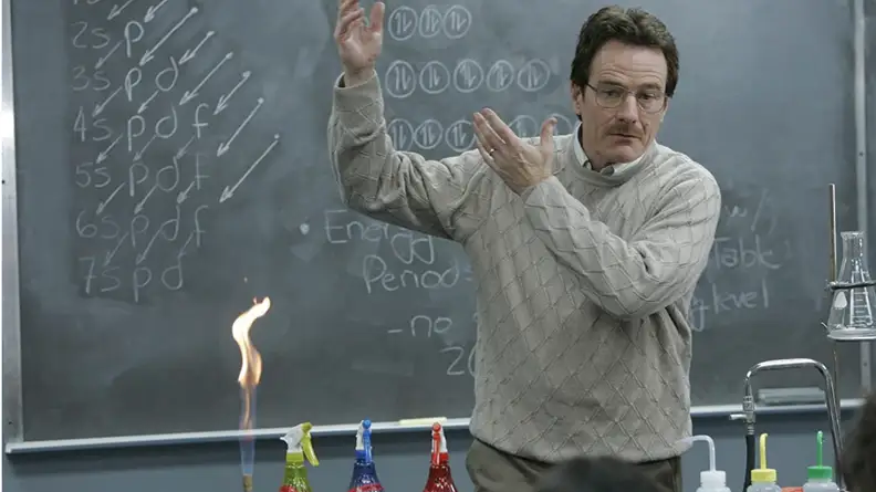 A still from Breaking Bad featuring Bryan Cranston in front of a chalkboard.