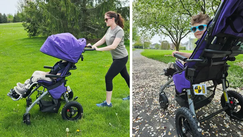 Photo collage of an adult pushing small child outdoors inside of the Convaid Coaster stroller. On right, the child smiles while seated in the stroller, looking at the camera.