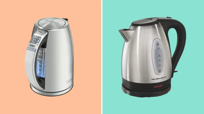 Two electric kettles against orange and blue background
