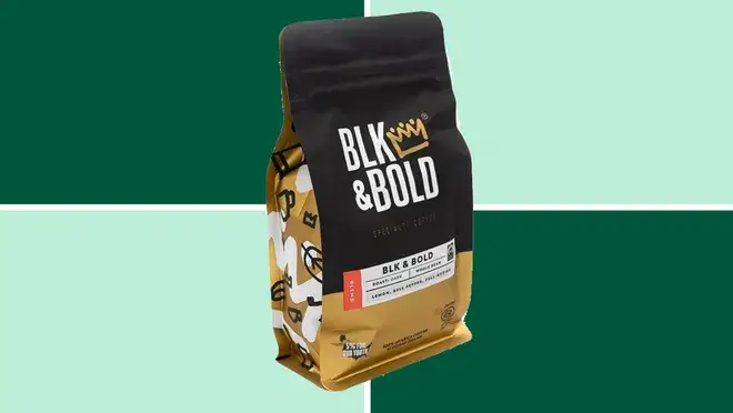 A BLK&Bold Coffee on a dark and light green background.