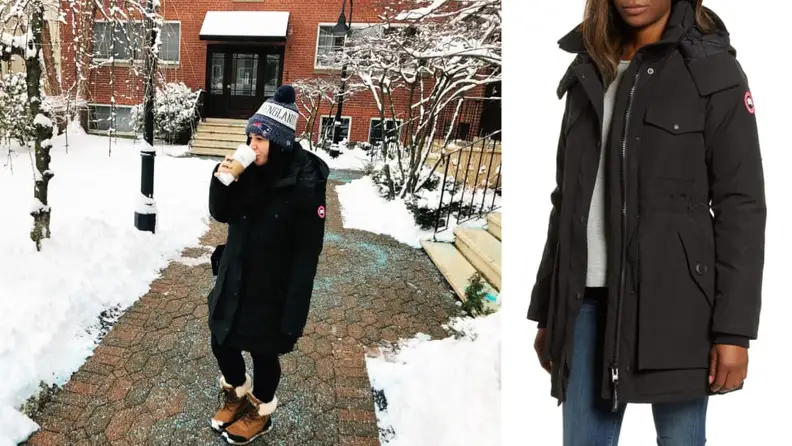 A product photo of a winter coat, and a photo of a woman wearing it on the street