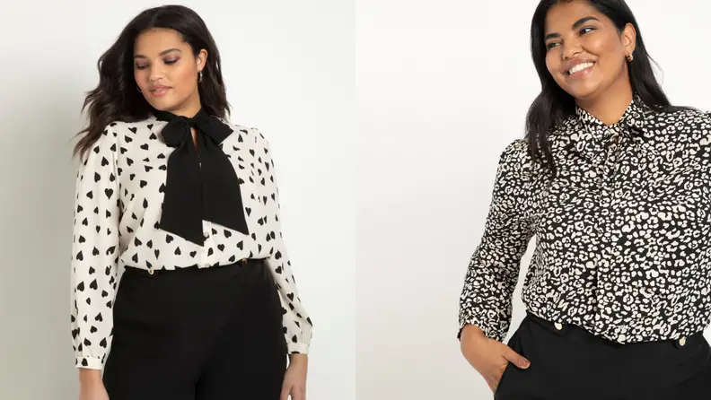 Women wearing different pattern tie neck shirts