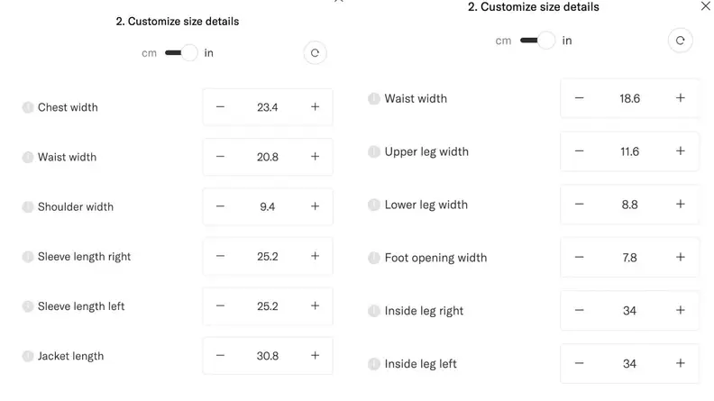 A screenshot of Suitsupply's Custom Made program in which it calculated measurements for an XL jacket and a size 36 pair of trousers.
