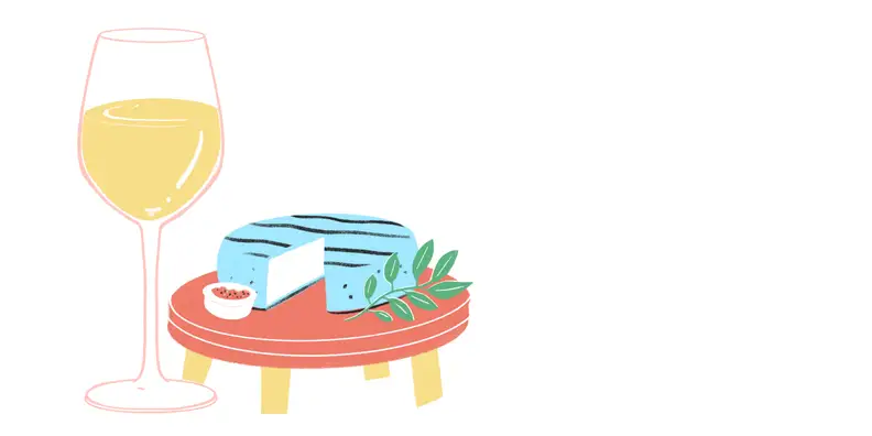 An illustration of a glass of Sauvignon Blanc next to a cheese plate.