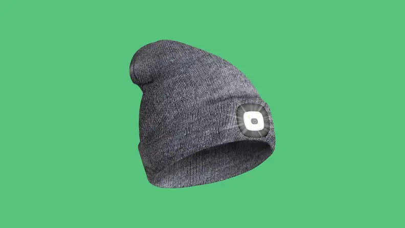 Beanie hat with LED light on green background