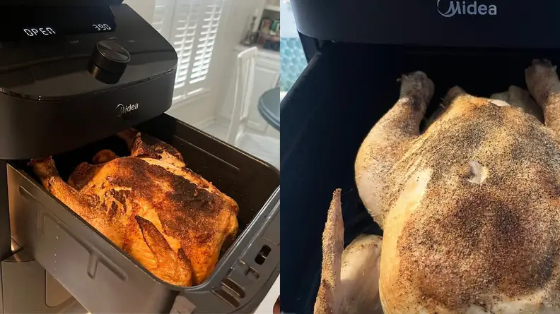 Left: Whole roasted chicken cooked in Midea air fryer basket. Right: Whole chicken uncooked in basket