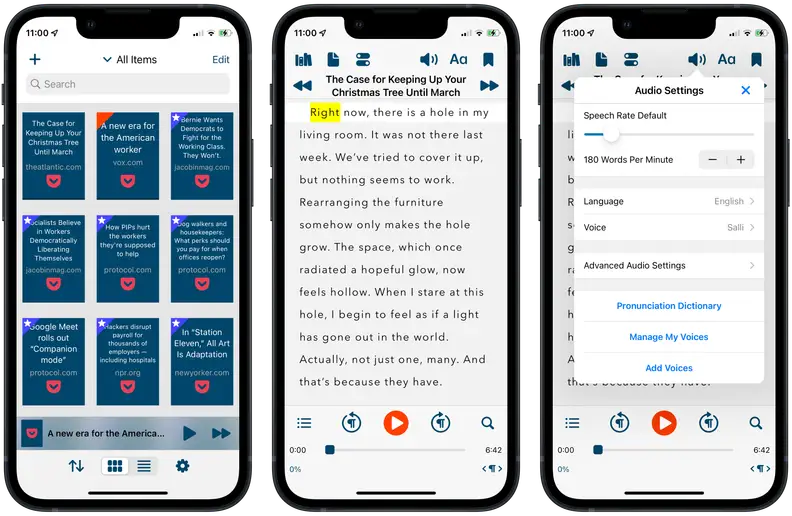 Three screenshots of Voice Dream Reader, showing the player interface and voice settings.