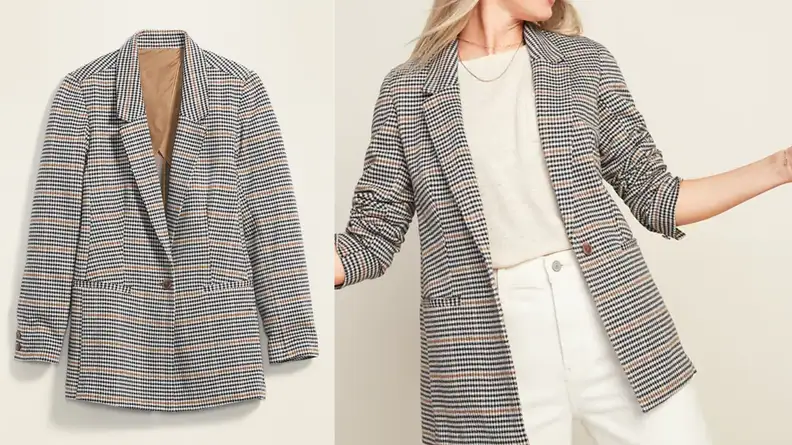 Two images of the same houndstooth blazer in black, white, and tan check.