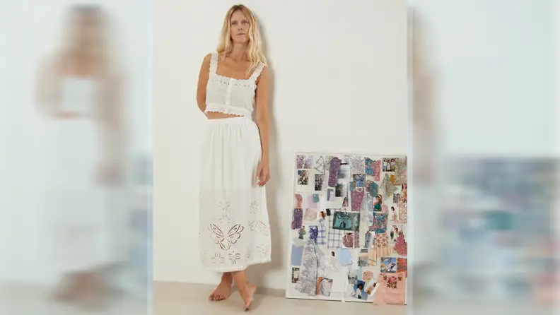 Marie Pidancet wearing a matching white Bohemian-style cotton poplin skirt and top.