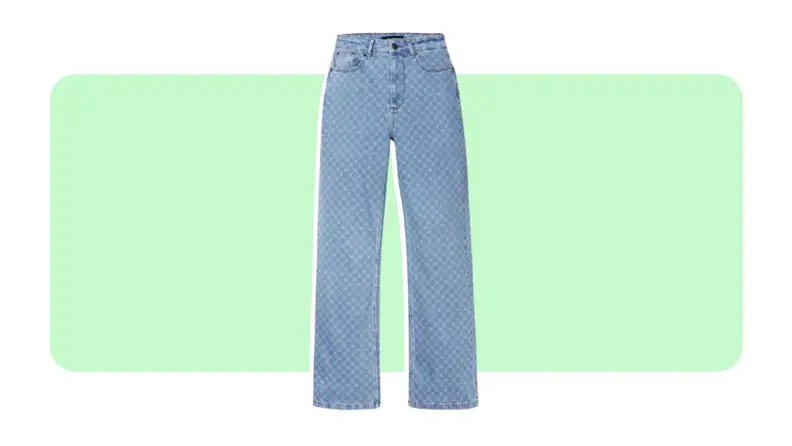 A pair of medium-wash wide-leg denim.