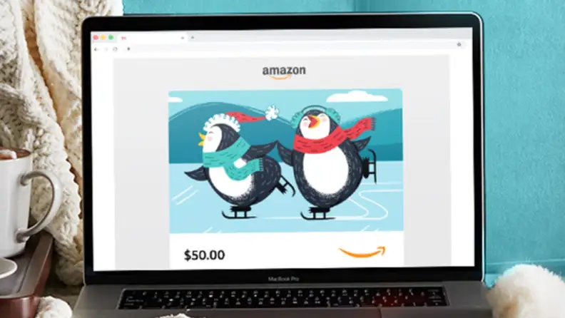 An Amazon gift card on a laptop screen.