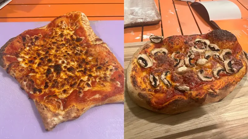 Photo collage of two cooked pizzas on top of purple and wooden surfaces.