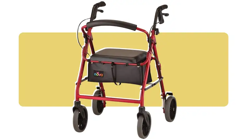 A red Nova Zoom rollator on a colorful background