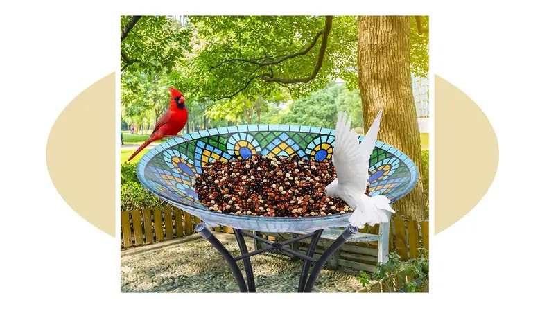 Product shot of the Mumtop Glass Bird Bath that is peacock-themed.
