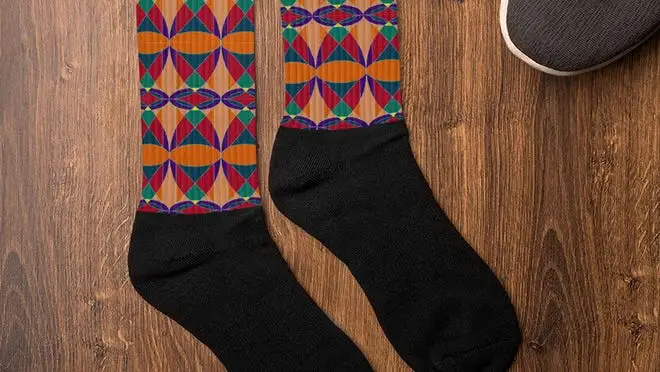 Socks with black feet and primary-color-printed ankles.