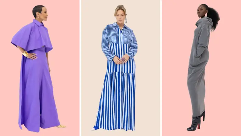 Collage image of a model wearing a purple ensemble, a model wearing a blue and white printed maxi dress, and a model wearing a gray sweater dress.