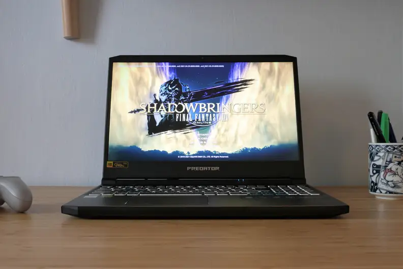 A head-on view of the laptop sitting on a desk
