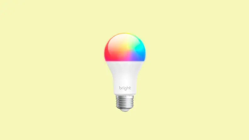 A multicolored smart lightbulb appears on a yellow background.