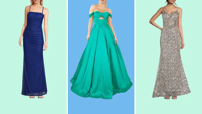 Collage of three prom dresses available at Dillard's.