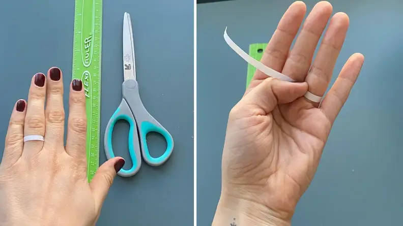 A split of a hand, ruler and scissors and a photo of a hand with a thin strap of paper wrapped around the ring finger
