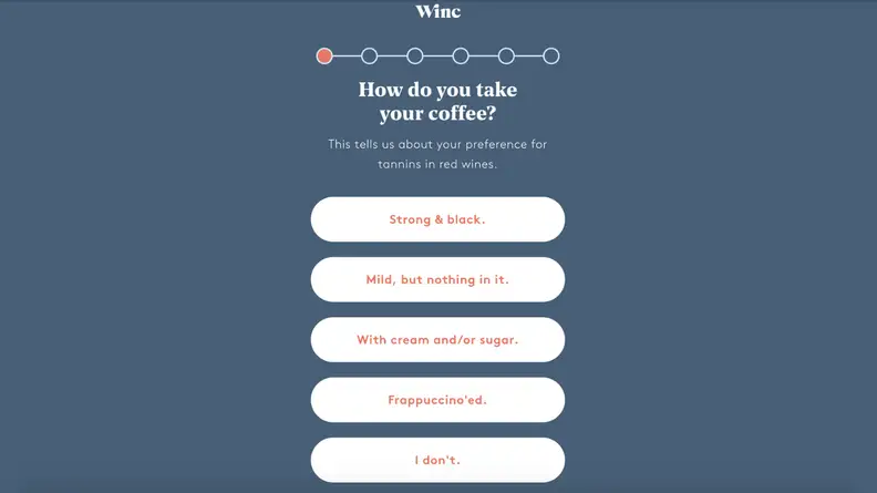 A screenshot of a flavor quiz to help evaluate which type of wine you might like.