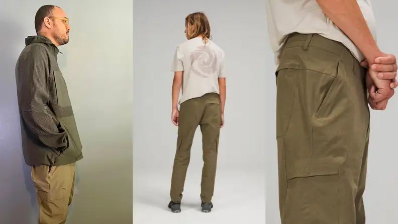 man wearing hoodie and pants from Lululemon's Moon Drift collection, man with back facing camera modeling Lululemon's Moon Drift pant, close-up of green Moon Drift pant