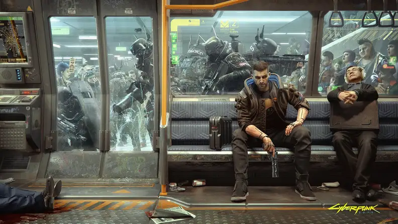 A promo image for cyberpunk 2077 showing a man on the subway
