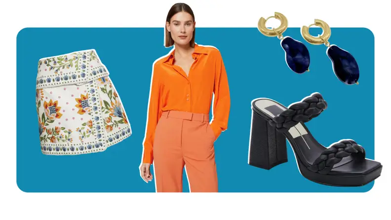 A garden print wrap skirt, an orange blouse, earrings, sandal.