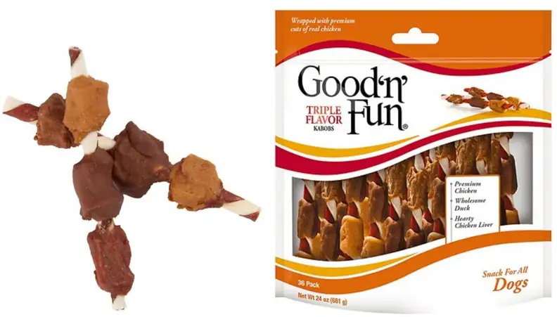 Kebob dog treats on white background