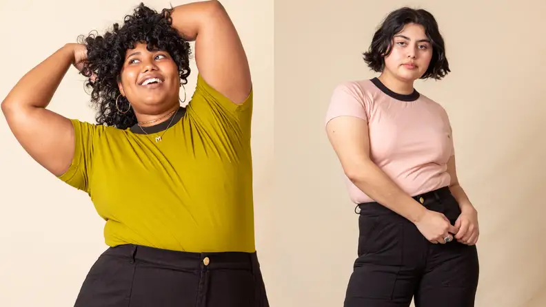 Women wearing tshirts with black neck cuffs