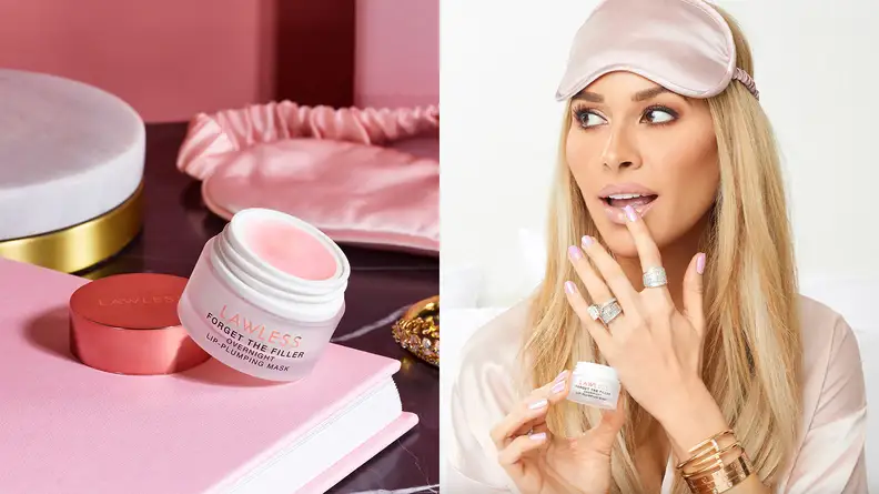 On the left: A white uncapped jar of lip mask reveals a pink cream and sits on a table with an eye mask behind it. On the right: A person wearing an eye mask on top of their head applies the lip mask with one finger.