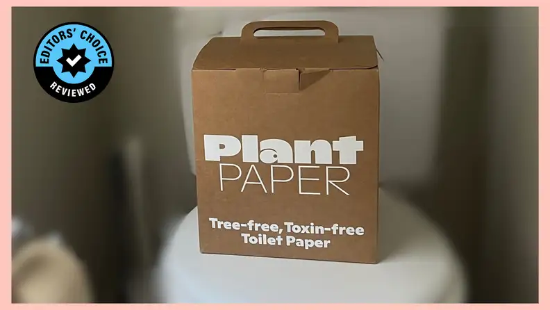 A box of PlantPaper bamboo toilet paper on a toilet