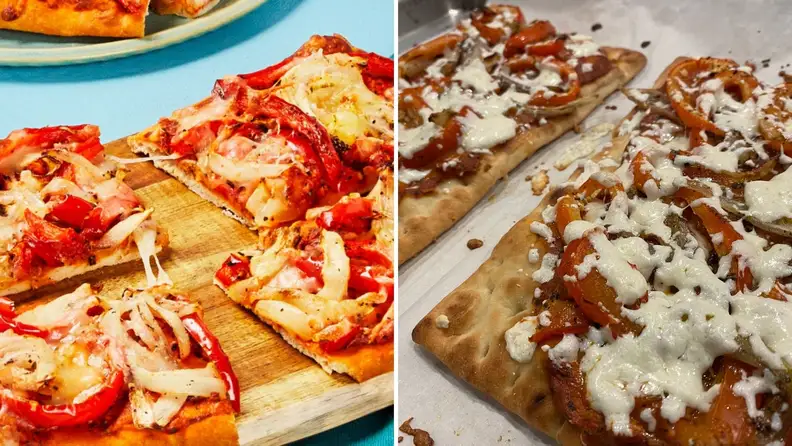 On left, an EveryPlate photo of roasted red pepper flatbreads on blue background. On right, Reviewed image of the recipe.