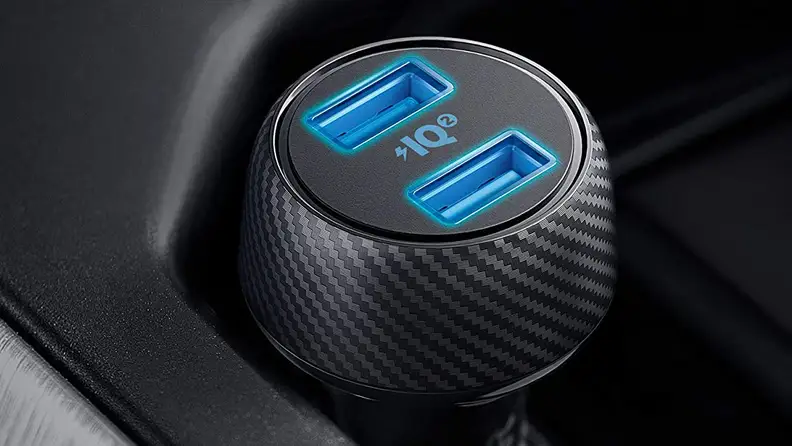 Closeup of a car charger's USB ports