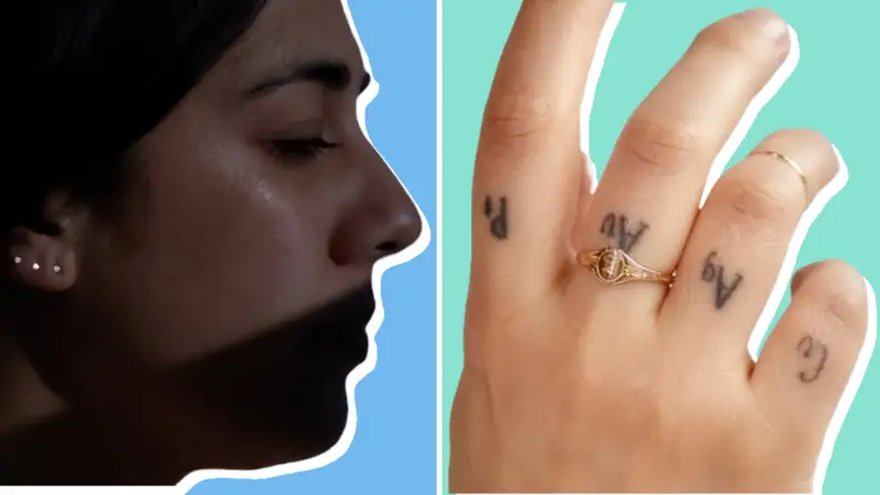 Collage of photos showing earrings and a ring sold at Catbird