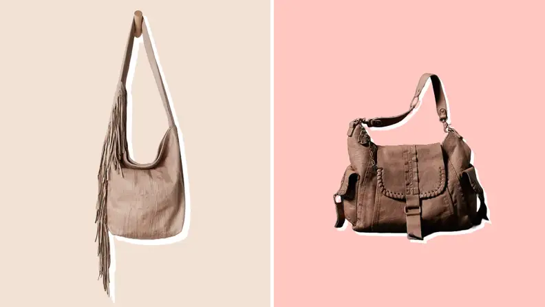 Two Free People purses against  beige and pink backgrounds