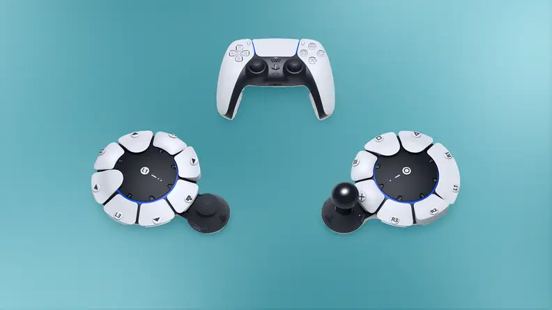 Three different sony playstation controllers, including two variants of an accessible controller.