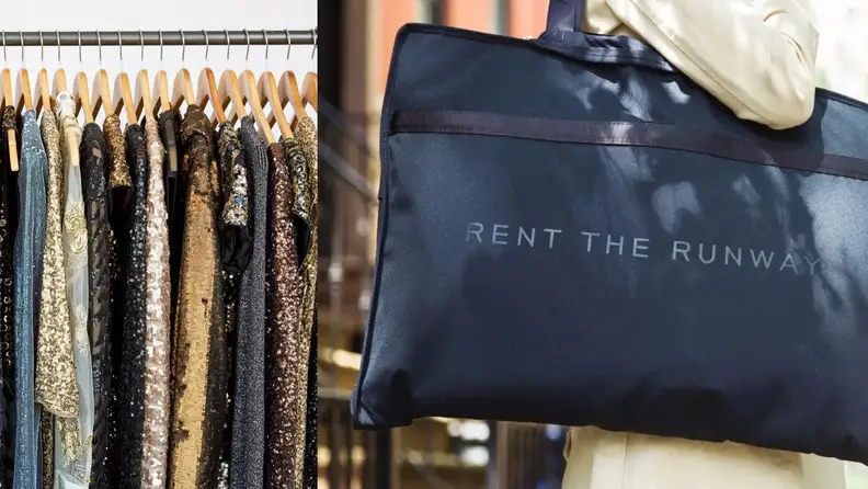 Dresses and a person holding a Rent the Runway bag.