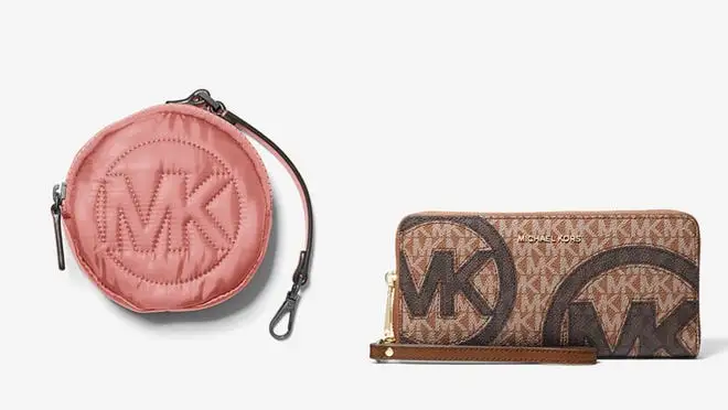 On left, peach colored coin zip purse. On right, tan and brown rectangular zip wallet