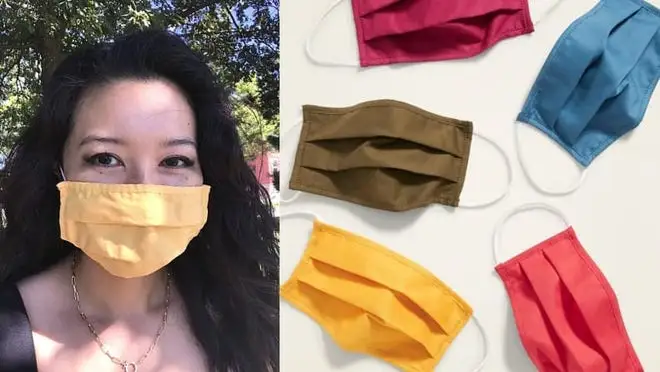 On left, woman wearing yellow cloth face mask outdoors. On right, five multicolored cloth face masks.
