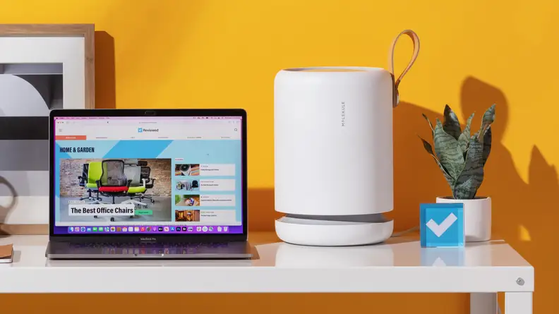 The Molekule air purifier sits on a desk next to a laptop displaying the Reviewed website and some contemporary desktop decorations, including a potted plant and the Reviewed logo.