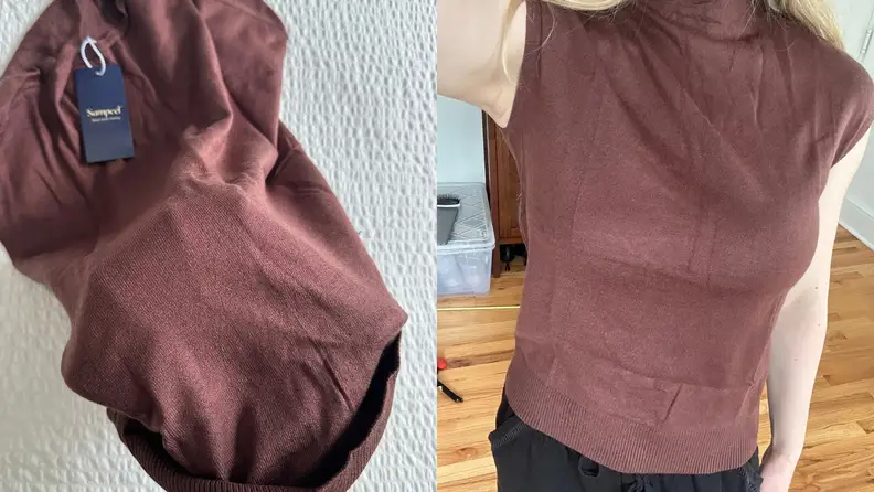 Chocolate brown short sleeve turtle neck sweater off and on a woman, side by side.