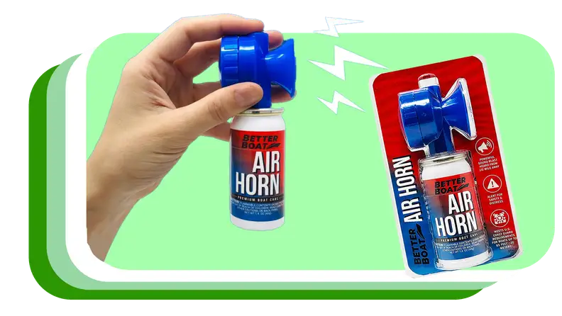 Hand holding airhorn can next to packaged airhorn.