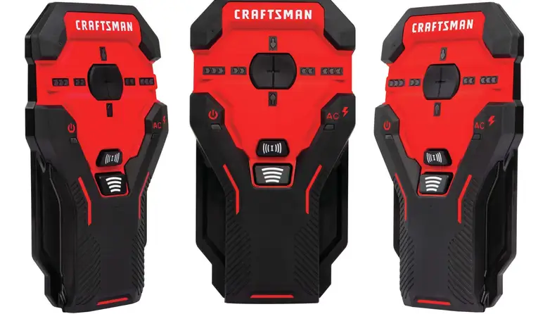 Three product shots of the red and black Craftsman CMHT77623 stud finder.